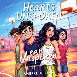 A vibrant romance novel cover titled "Hearts Unspoken" featuring the main characters on a basketball court background