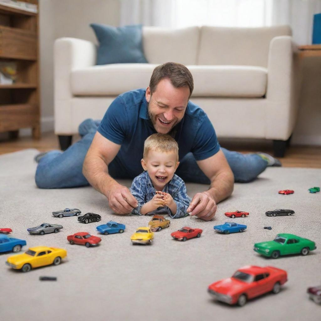 A heartwarming scene of a father and son on the floor, playing with vibrant diecast cars, displaying joy and laughter.