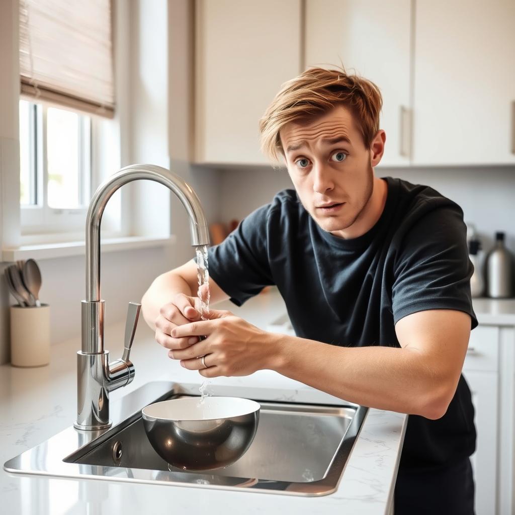 A different person in a well-lit kitchen, attempting to wash dishes while little water flows from the tap, making the task challenging