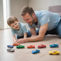 A heartwarming scene of a father and son on the floor, playing with vibrant diecast cars, displaying joy and laughter.