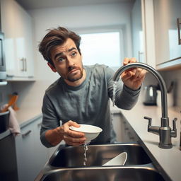 A different person in a well-lit kitchen, attempting to wash dishes while little water flows from the tap, making the task challenging