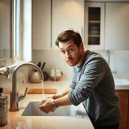 A different person in a well-lit kitchen, attempting to wash dishes while little water flows from the tap, making the task challenging