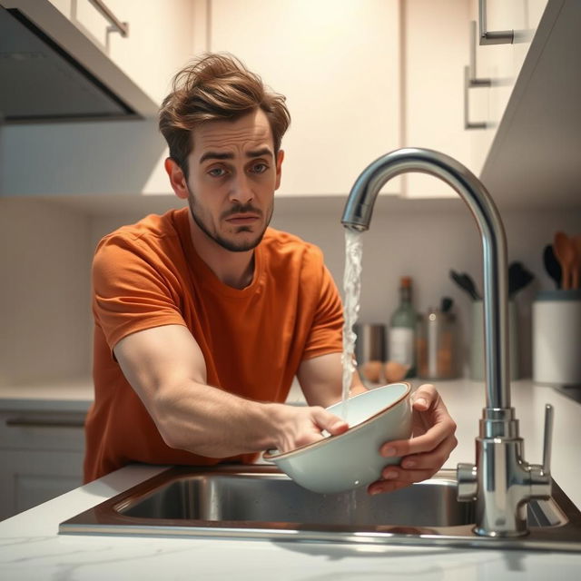 A different person in a well-lit kitchen, attempting to wash dishes while little water flows from the tap, making the task challenging