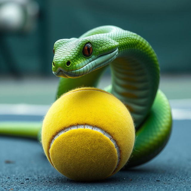 A captivating scene of a dynamic green viper snake energetically crushing a tennis ball with its powerful coils