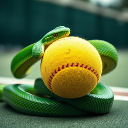 A captivating scene of a dynamic green viper snake energetically crushing a tennis ball with its powerful coils