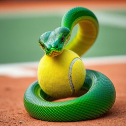 A captivating scene of a dynamic green viper snake energetically crushing a tennis ball with its powerful coils