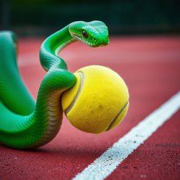 A captivating scene of a dynamic green viper snake energetically crushing a tennis ball with its powerful coils