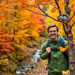 A lone hiker traveling through a breathtaking autumn forest, surrounded by trees with vibrant leaves in shades of orange, red, and yellow