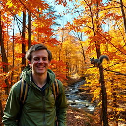 A lone hiker traveling through a breathtaking autumn forest, surrounded by trees with vibrant leaves in shades of orange, red, and yellow