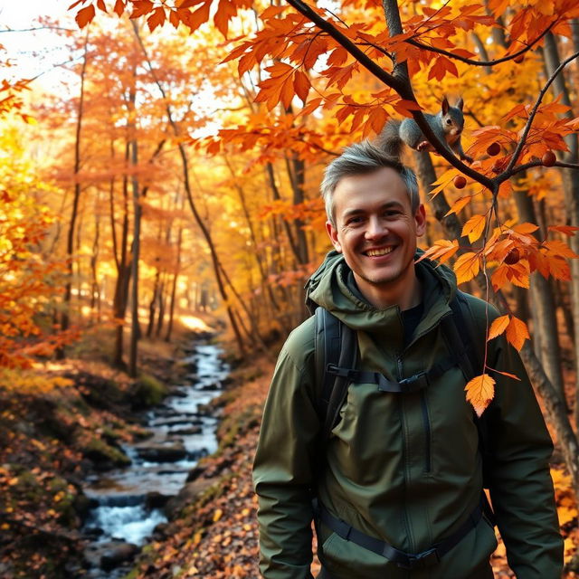 A lone hiker traveling through a breathtaking autumn forest, surrounded by trees with vibrant leaves in shades of orange, red, and yellow