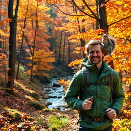 A lone hiker traveling through a breathtaking autumn forest, surrounded by trees with vibrant leaves in shades of orange, red, and yellow