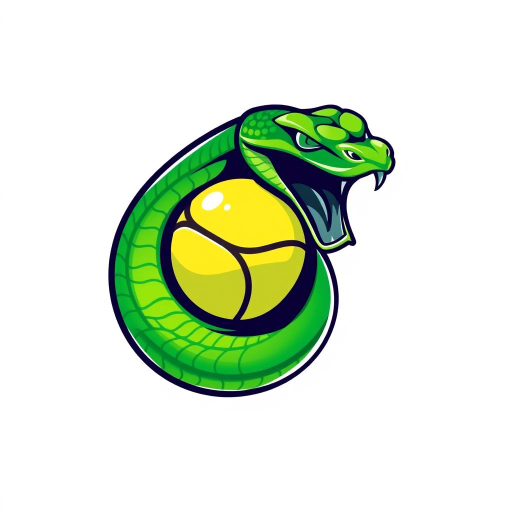 A dynamic and modern logo featuring a green viper snake energetically crushing a tennis ball with its powerful coils