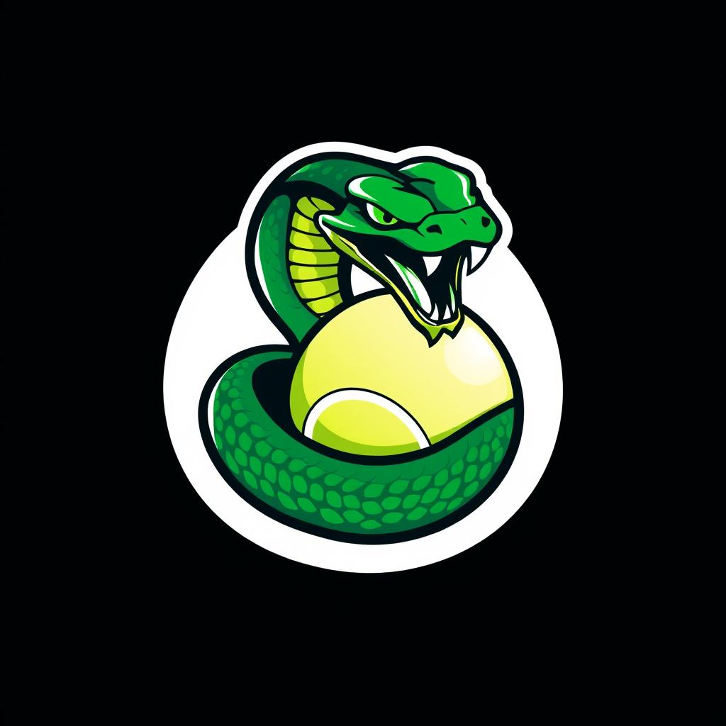 A dynamic and modern logo featuring a green viper snake energetically crushing a tennis ball with its powerful coils