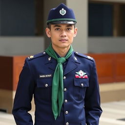 Men's ceremonial uniform for Pandu scouts, featuring a long-sleeved design in navy blue color