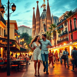 An enchanting romantic comedy set in the vibrant city of Barcelona, featuring a charming couple strolling through the lively streets, surrounded by colorful architecture and the lively buzz of the city