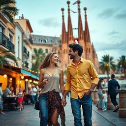 An enchanting romantic comedy set in the vibrant city of Barcelona, featuring a charming couple strolling through the lively streets, surrounded by colorful architecture and the lively buzz of the city