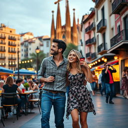 An enchanting romantic comedy set in the vibrant city of Barcelona, featuring a charming couple strolling through the lively streets, surrounded by colorful architecture and the lively buzz of the city