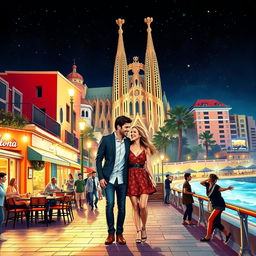 An enchanting romantic comedy set in the vibrant city of Barcelona, featuring a charming couple strolling through the lively streets, surrounded by colorful architecture and the lively buzz of the city