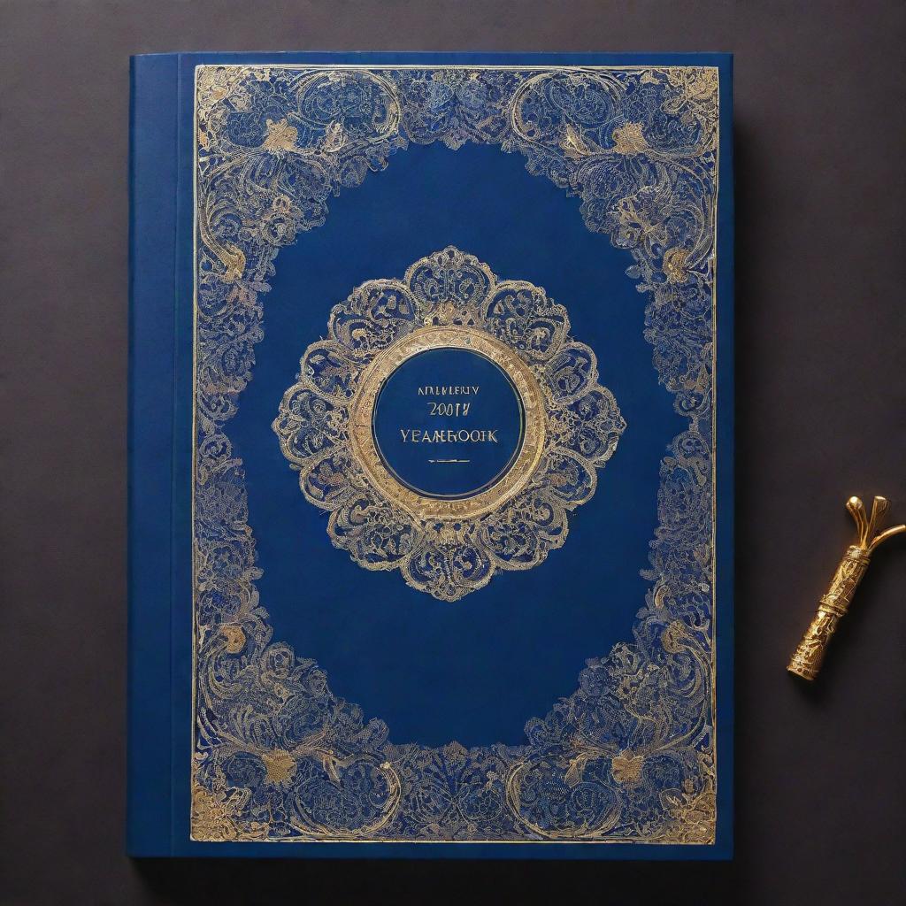 A modern yearbook cover in shades of royal blue, adorned with intricate gold designs and elements, conveying a sense of elegance and style.