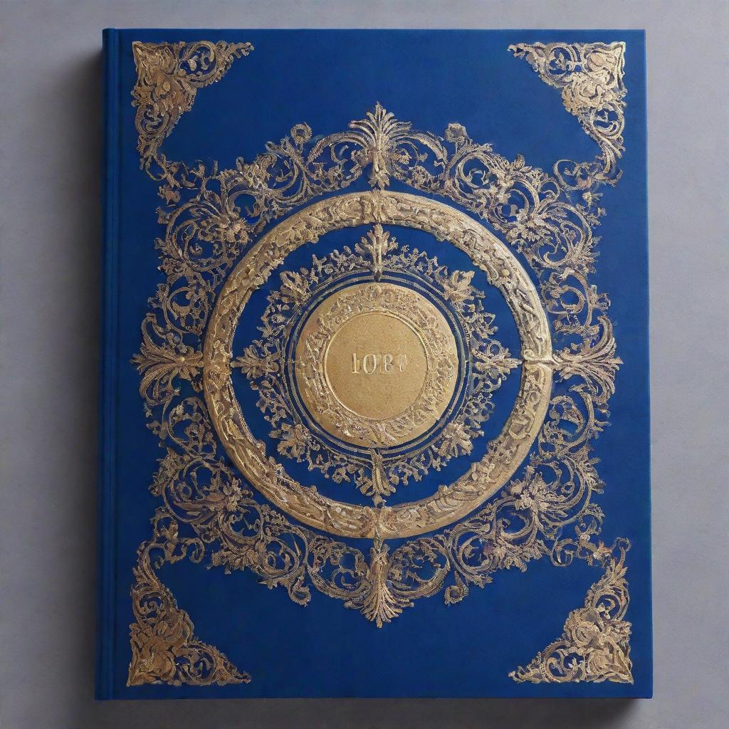 A modern yearbook cover in shades of royal blue, adorned with intricate gold designs and elements, conveying a sense of elegance and style.