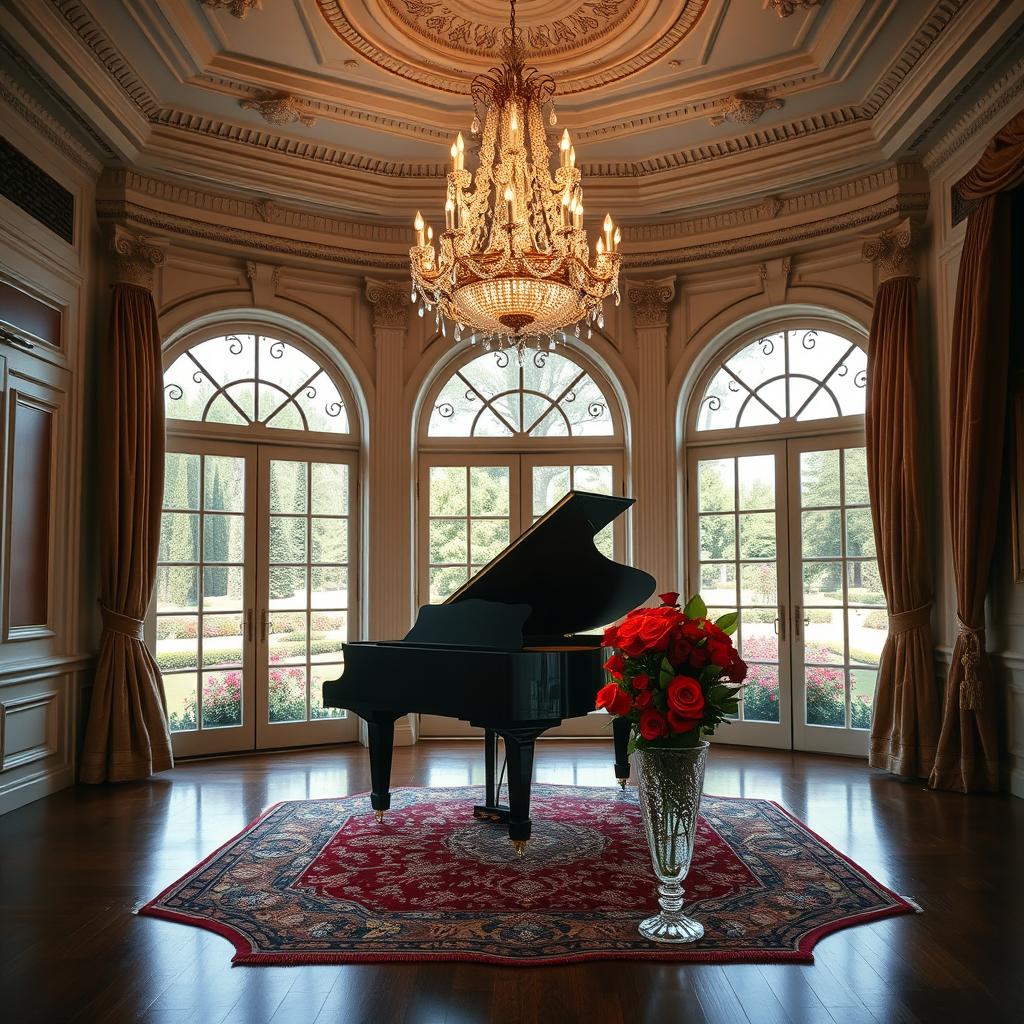 An elegant indoor setting with classical architecture, featuring a luxurious crystal chandelier illuminating ornate crown molding and intricate wall paneling