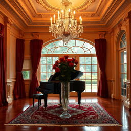 An elegant indoor setting with classical architecture, featuring a luxurious crystal chandelier illuminating ornate crown molding and intricate wall paneling