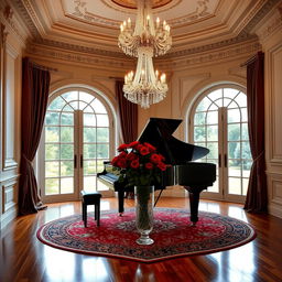 An elegant indoor setting with classical architecture, featuring a luxurious crystal chandelier illuminating ornate crown molding and intricate wall paneling