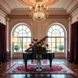 An elegant indoor setting with classical architecture, featuring a luxurious crystal chandelier illuminating ornate crown molding and intricate wall paneling