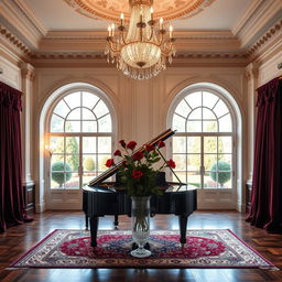 An elegant indoor setting with classical architecture, featuring a luxurious crystal chandelier illuminating ornate crown molding and intricate wall paneling