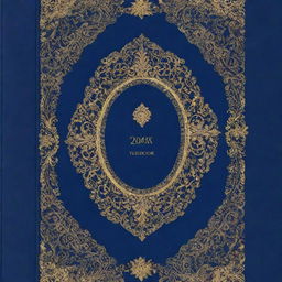 A modern yearbook cover in shades of royal blue, adorned with intricate gold designs and elements, conveying a sense of elegance and style.