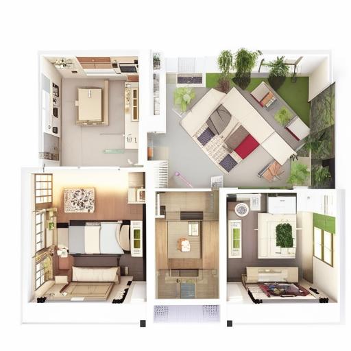 Create a 3 BHK (Bedroom, Hall, Kitchen) layout design in a 300 square yard area, optimizing space usage and maintaining a sleek and modern aesthetic