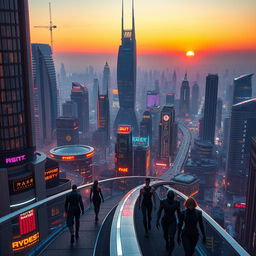 A futuristic cityscape at twilight, filled with neon lights and flying cars, reflecting a bustling cyberpunk atmosphere