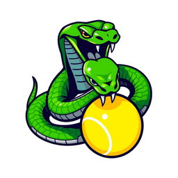 A modern logo design featuring a dynamic green viper snake coiled around and biting a bright yellow tennis ball