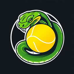 A modern logo design featuring a dynamic green viper snake coiled around and biting a bright yellow tennis ball