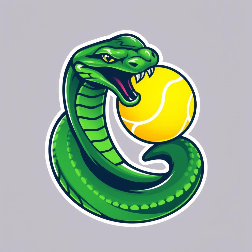 A modern logo design featuring a dynamic green viper snake coiled around and biting a bright yellow tennis ball