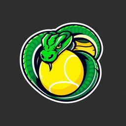 A modern logo design featuring a dynamic green viper snake coiled around and biting a bright yellow tennis ball