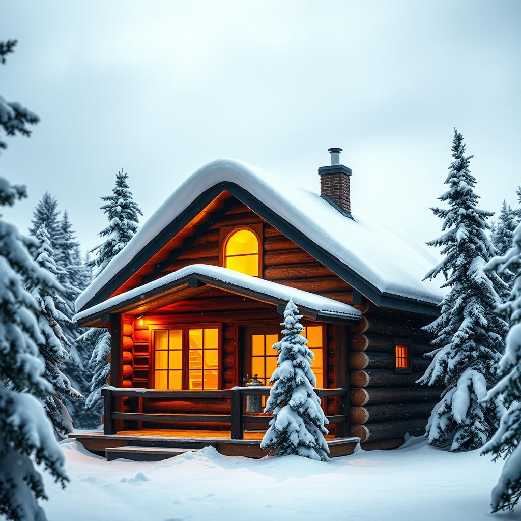 A cozy wooden cabin nestled in a snowy landscape, surrounded by snow-covered pine trees