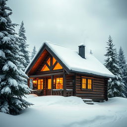 A cozy wooden cabin nestled in a snowy landscape, surrounded by snow-covered pine trees