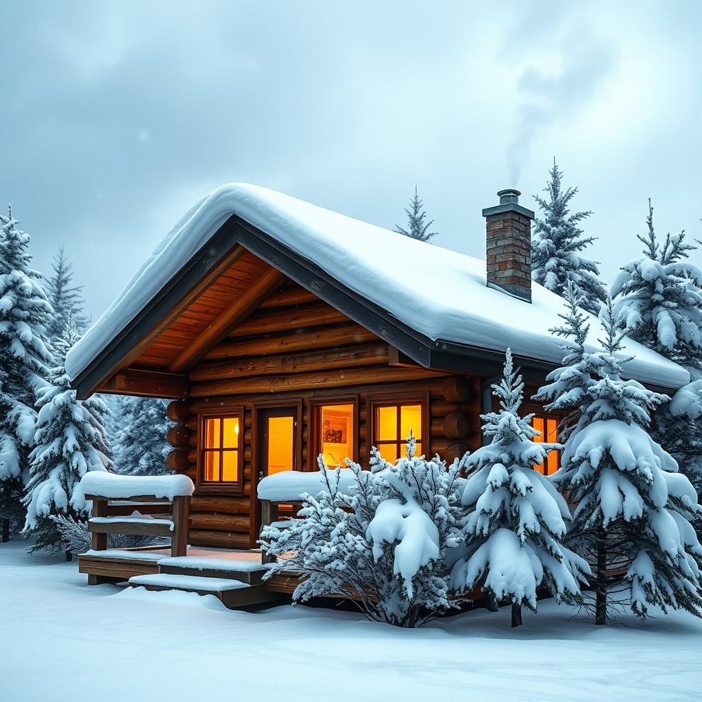 A cozy wooden cabin nestled in a snowy landscape, surrounded by snow-covered pine trees