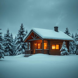 A cozy wooden cabin nestled in a snowy landscape, surrounded by snow-covered pine trees