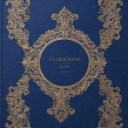 A modern yearbook cover in shades of royal blue, adorned with intricate gold designs and elements, conveying a sense of elegance and style.