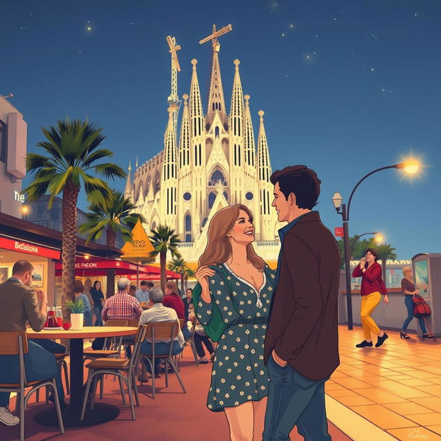 An enchanting romantic comedy set in the vibrant city of Barcelona, featuring a charming couple exploring the lively streets, contemplating if this vibrant city is their future home