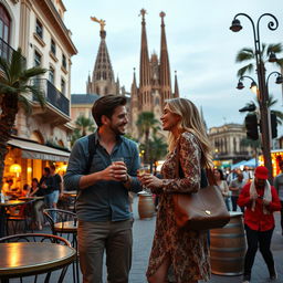 An enchanting romantic comedy set in the vibrant city of Barcelona, featuring a charming couple exploring the lively streets, contemplating if this vibrant city is their future home