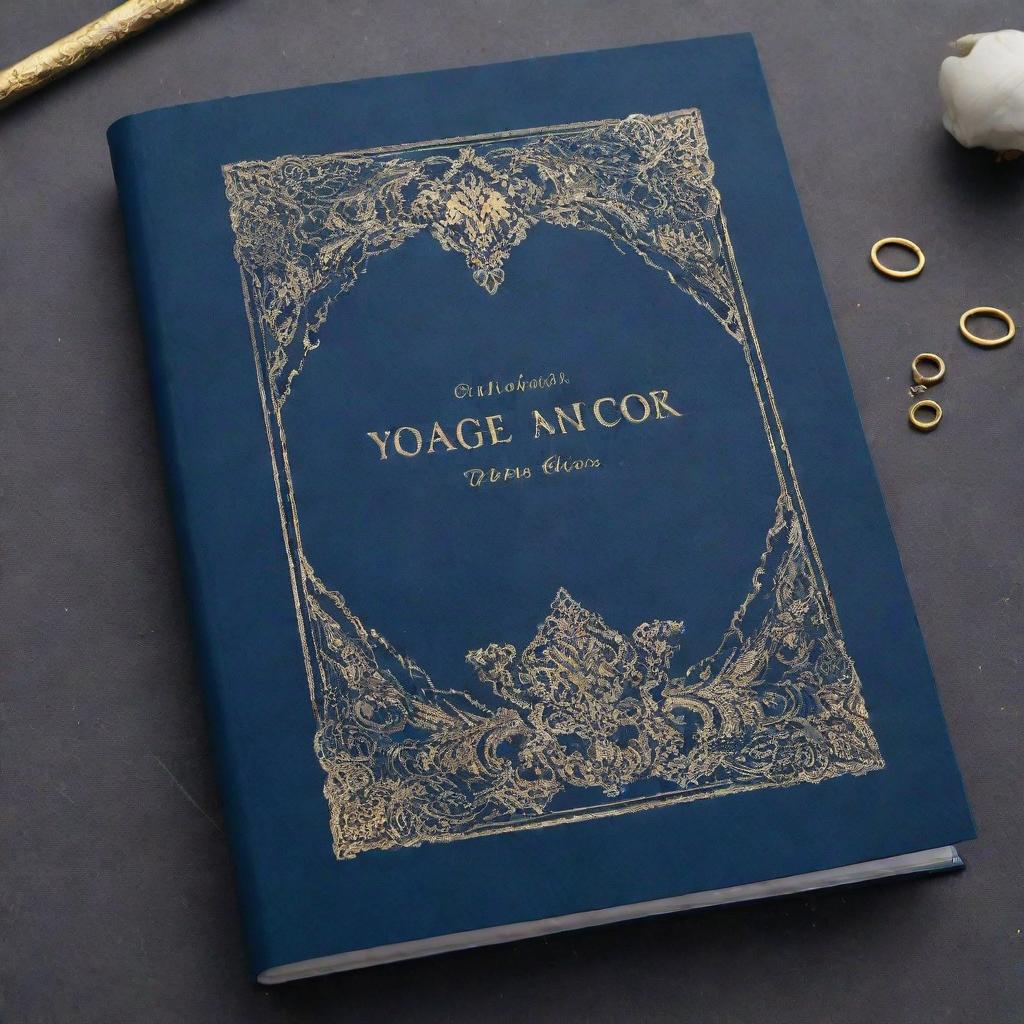 A contemporary yearbook cover in a deep blue hue, embellished with golden details and graphics, creating a classy and modern aesthetic.