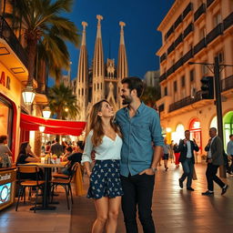 An enchanting romantic comedy set in the vibrant city of Barcelona, featuring a charming couple exploring the lively streets, contemplating if this vibrant city is their future home