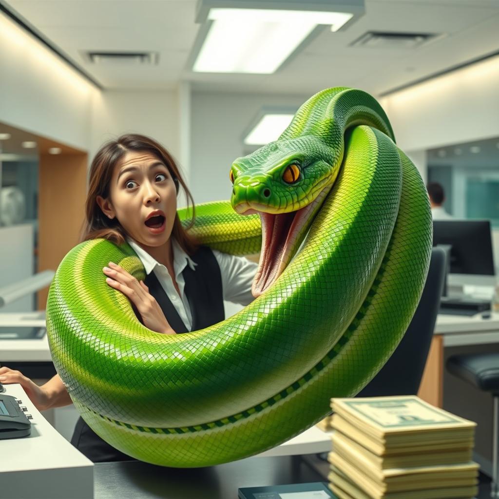 A dramatic scene of a bank teller surprised as a giant snake bites them in a modern bank setting