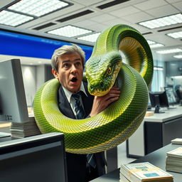 A dramatic scene of a bank teller surprised as a giant snake bites them in a modern bank setting