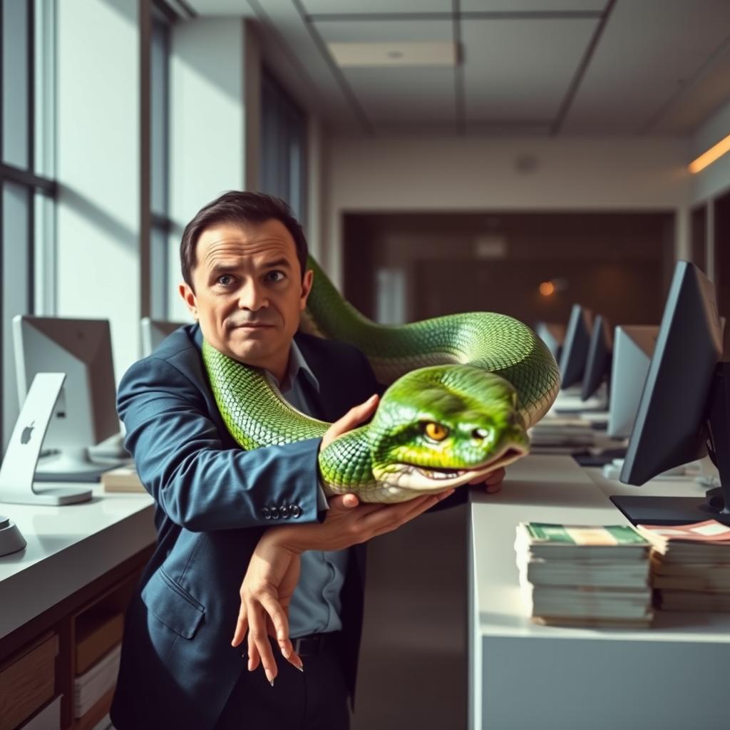 A dramatic scene of a bank teller surprised as a giant snake bites them in a modern bank setting