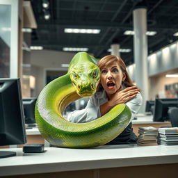 A dramatic scene of a bank teller surprised as a giant snake bites them in a modern bank setting