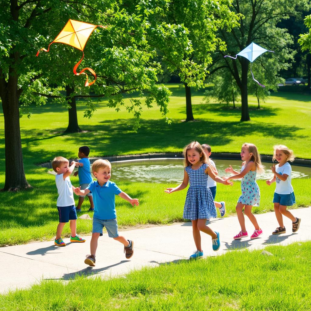 A group of children joyfully playing outdoors in a lush green park